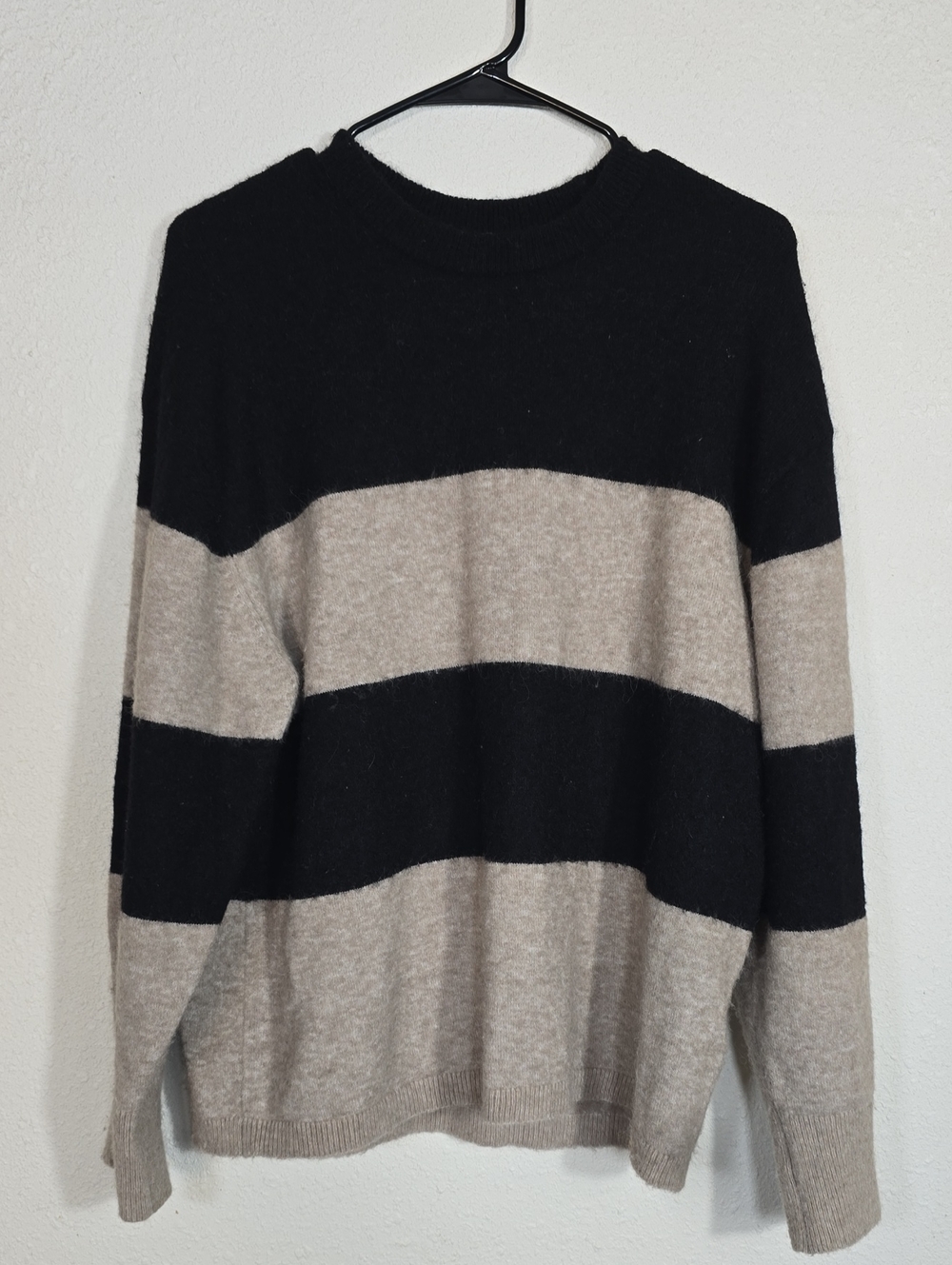Women's oversized Black & Beige Striped Crewneck Sweater wool and alpaca